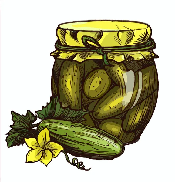 Gekneusde komkommergroenten in een glazen pot — Stockvector