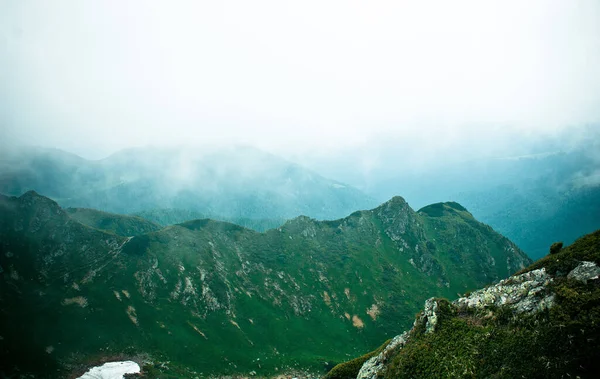 Karpatya dağlarında bulutlu bir manzara. Sisli, karanlık dağ arkaplanı. Maramures, Transcarpathian, Ukrayna Romanya sınırı, Avrupa 'da yürüyüş yolu. 