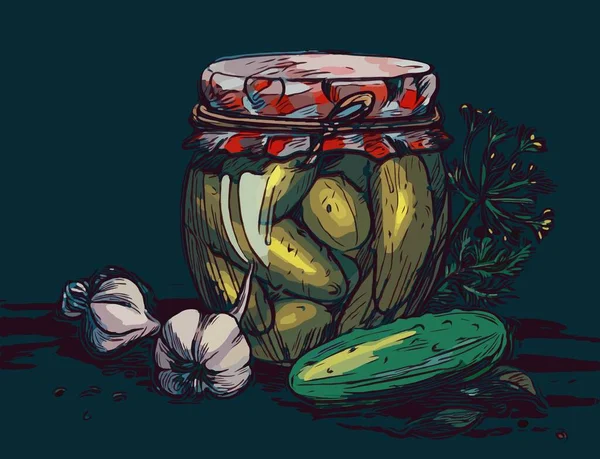 Ingelegde Komkommergroenten Een Glazen Pot Groene Komkommer Met Knoflook Dille — Stockvector