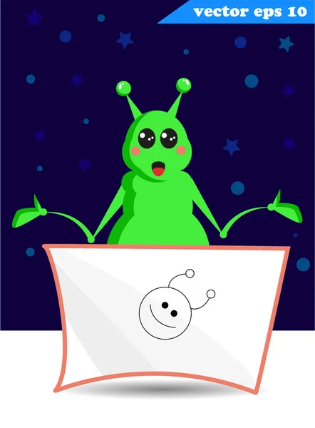 green funny cartoon style alien with sturry sky