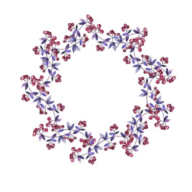Mor ve pembe bırakır, çilek ve beyaz arka plan üzerinde izole garland şubeleri. El suluboya resim çekilmiş.