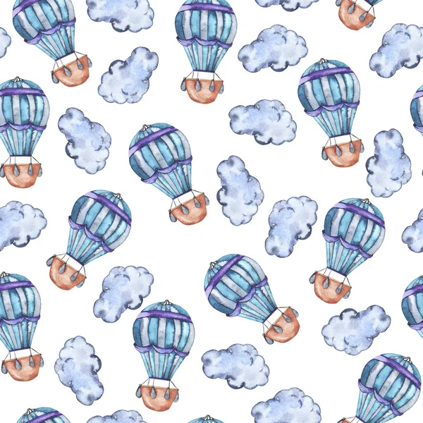 Seamless pattern with blue stripped hot air balloon and blue clouds on white background. Hand drawn watercolor illustration.