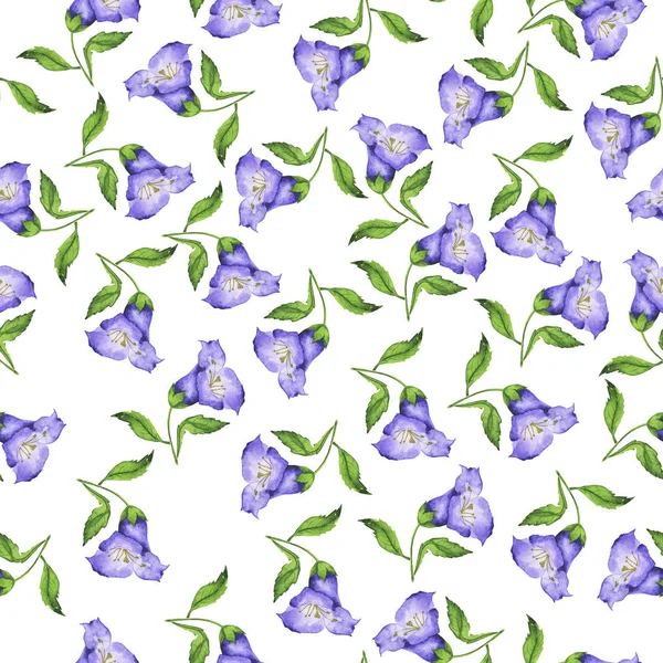 Vzor Bezešvé Lila Bell Květiny Zelené Listy Bílém Pozadí Ručně — Stock fotografie