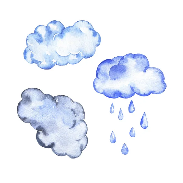 Pastel Mavi Bulutları Ayarla Izole Üzerinde Beyaz Arka Plan Yağmur — Stok fotoğraf