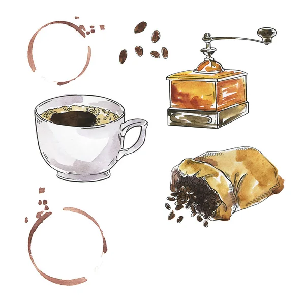 Conjunto Xícara Café Pacote Grãos Café Moedor Manchas Café Fundo — Fotografia de Stock