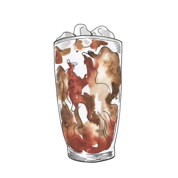 Glass of coffee or chocolate cocktail drawn by watercolor and ink isolated on white background. Hand drawn illustration.