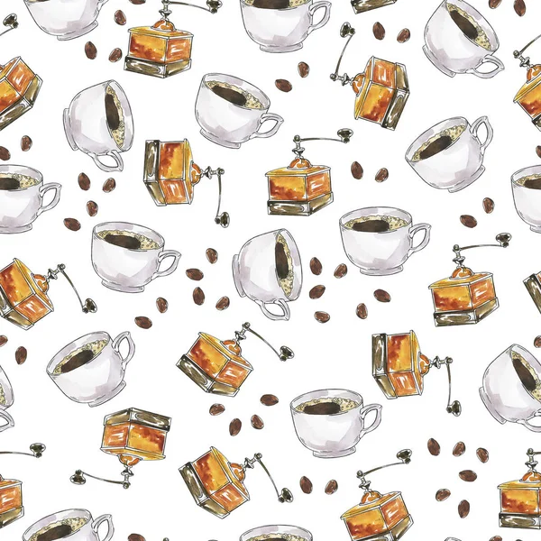 Kahve bardakları, kahve çekirdekleri ve beyaz arka plan üzerinde değirmeni ile Seamless modeli. Suluboya ve mürekkep çizilen illüstrasyon el.