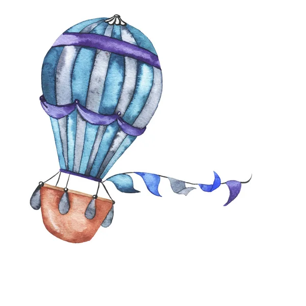 Hete Luchtballon Met Blauw Violet Strepen Touw Met Vlaggen Geïsoleerd — Stockfoto