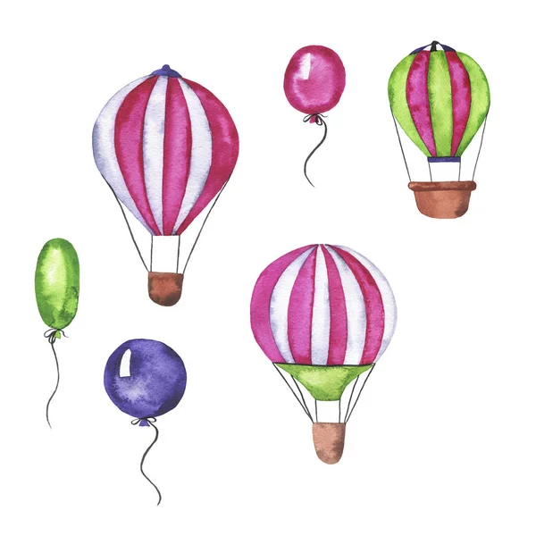 Pembe ve soyulmuş sıcak hava balonları ve beyaz arka plan üzerinde izole tatil balonlar kümesi. El suluboya resim çekilmiş.