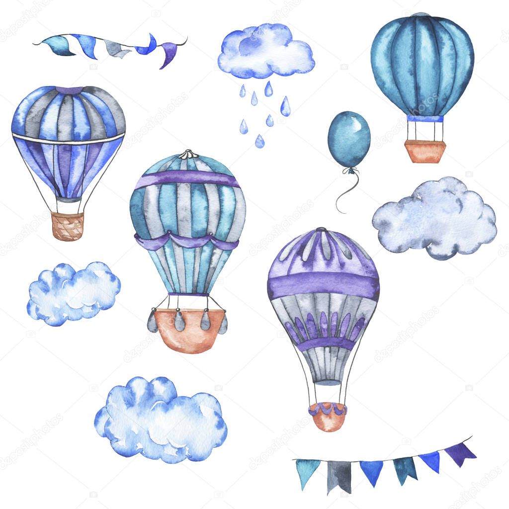 Set of hot air balloons, ropes with flags and clouds with raindrops isolated on white background. Hand drawn watercolor illustration.