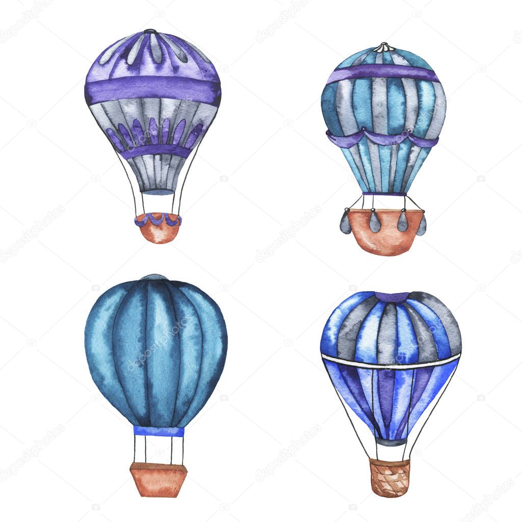 Set of hot air balloons with blue and violet stripes isolated on white background. Hand drawn watercolor illustration.