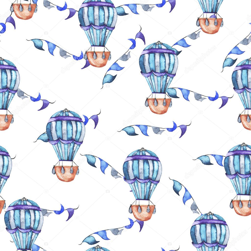 Seamless pattern with blue stripped hot air balloon and rope with flags on white background. Hand drawn watercolor illustration.