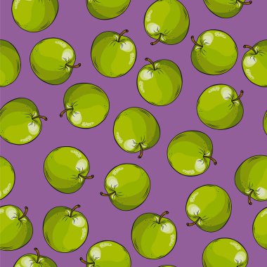 Mor zemin üzerine taze yeşil elma ile Seamless modeli. Çizilmiş vektör çizim el.