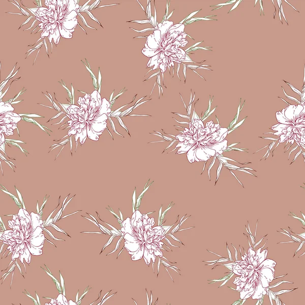 Pastel bej renkli arka plan üzerinde çiçek ve yaprak buket ile Seamless modeli. Çizilmiş vektör çizim el.