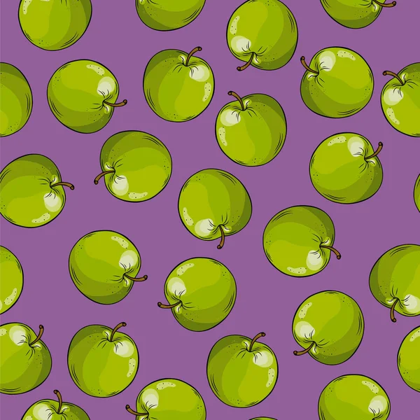Mor zemin üzerine taze yeşil elma ile Seamless modeli. Çizilmiş vektör çizim el.