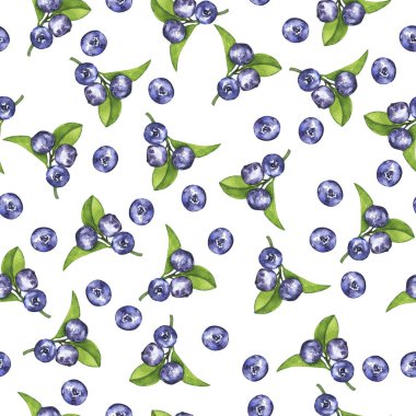 Yaban mersini ve beyaz arka plan üzerinde taze yeşil yaprakları seamless modeli