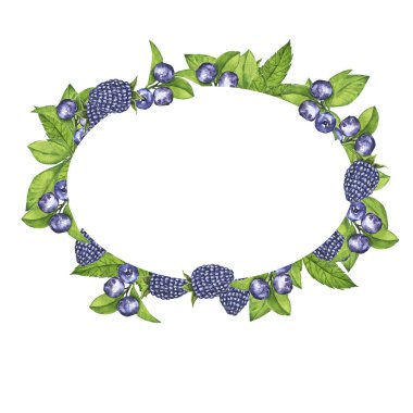 Beyaz arka plan üzerinde izole yeşil yaprakları çelenk ile bir yaban mersini ve taze böğürtlen