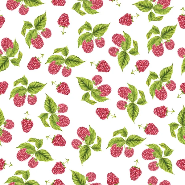 Naadloos Patroon Met Rode Framboos Frisse Groene Bladeren Witte Achtergrond — Stockfoto