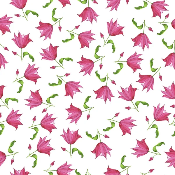 Бесшовный Узор Розовыми Цветами Зелеными Листьями Белом Фоне Ручная Рисованная — стоковое фото