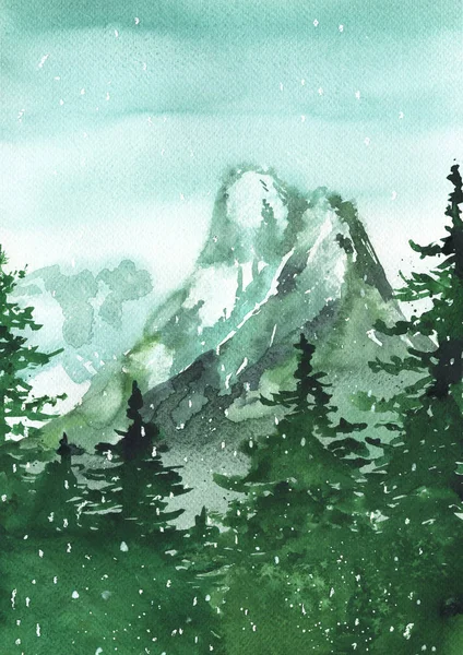 Landschaft Mit Bergen Kiefern Und Schnee Aquarell Gemalt Handgezeichnete Illustration — Stockfoto