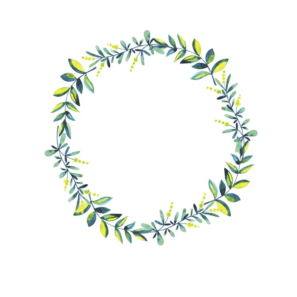 Cadre Floral Vert Jaune Isolé Sur Fond Blanc Illustration Aquarelle — Photo