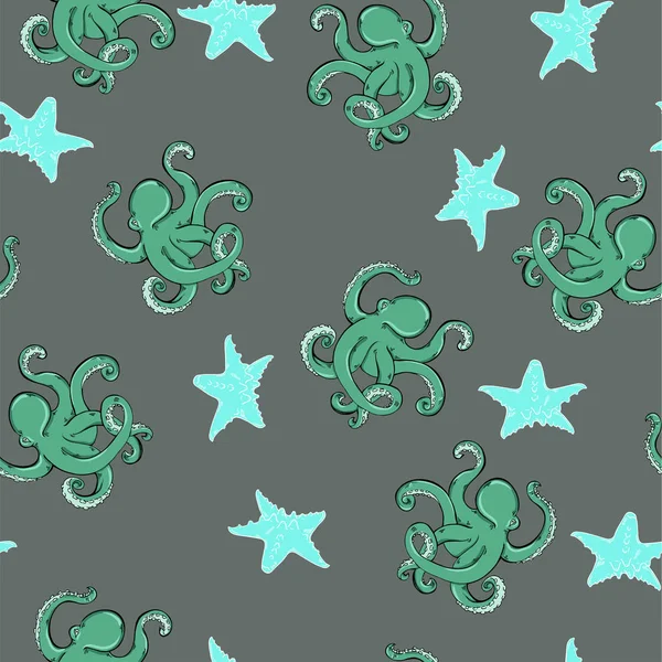 Pulpos Verdes Con Estampado Sin Costuras Estrellas Sobre Fondo Gris — Vector de stock