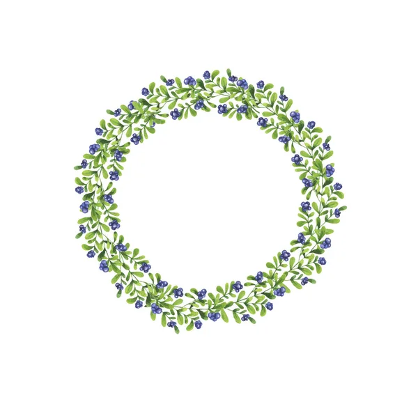 Μπλε Μούρα Πράσινα Φύλλα Στεφάνι Που Απομονώνονται Λευκό Φόντο — Διανυσματικό Αρχείο
