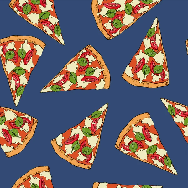 Sabroso Patrón Inconsútil Pizza Sobre Fondo Azul Oscuro — Vector de stock