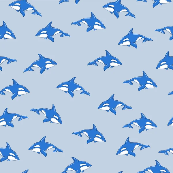 Wzór Niebieski Delfiny Szarym Tle Ręcznie Rysowane Wektor Ilustracja — Wektor stockowy