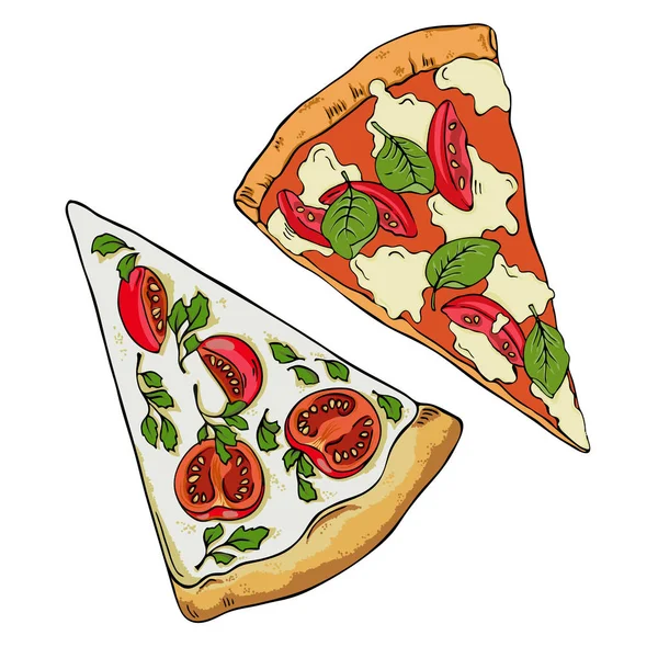 Uppsättning Pizza Slices Ioslated Vit Bakgrund Doodle Bläck Skiss Hand — Stock vektor