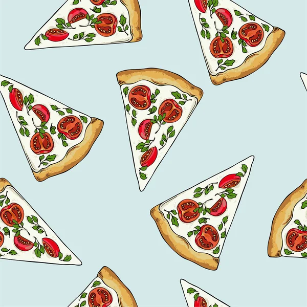 Patrón Sin Costuras Con Rebanadas Pizza Sobre Fondo Azul Pastel — Vector de stock