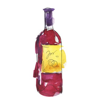 Kırmızı şarap şişesi suluboya ve mürekkep kroki. Elle çizilmiş illüstrasyon.