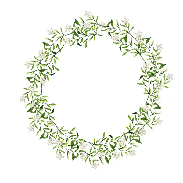 Weiße Blüten Und Grüne Blätter Kranz Auf Weißem Hintergrund — Stockfoto