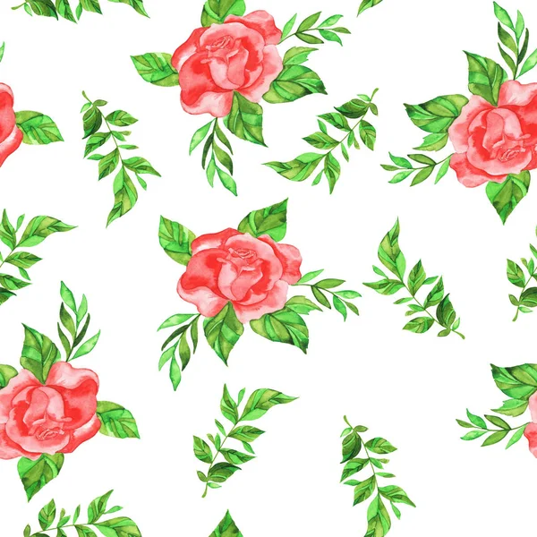 Безшовний Візерунок Червоними Трояндами Зеленим Листям Білому Тлі Ручна Намальована — стокове фото