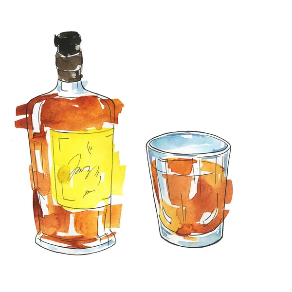 Bouteille Verre Whisky Sur Fond Blanc — Photo