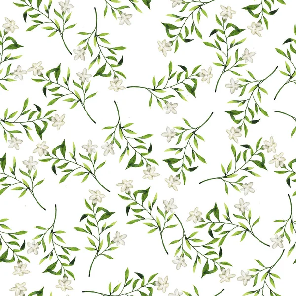 Seamless pattern with white flowers and green leaves on white background