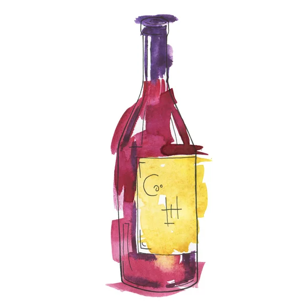 Garrafa Vinho Tinto Aquarela Esboço Tinta Ilustração Desenhada Mão — Fotografia de Stock