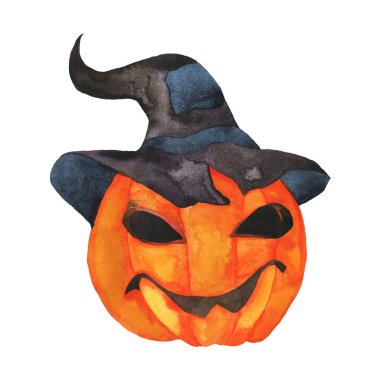 Parlak jack o fener beyaz arka plan üzerinde izole koyu şapkalı. El suluboya resim çekilmiş.