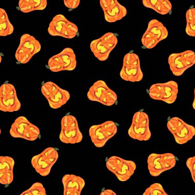 Siyah arka plan üzerine portakal jack o fener ile Seamless modeli. El suluboya resim çekilmiş.