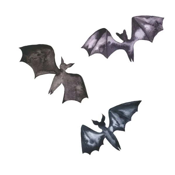 Conjunto Morcegos Silhuetas Escuras Isolados Sobre Fundo Branco Ilustração Aquarela — Fotografia de Stock