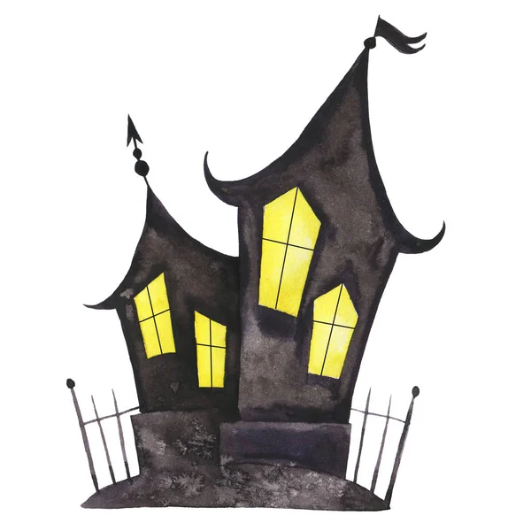 Dark Scary Doodle House Isolated White Background Hand Drawn Watercolor — Stock Photo, Image