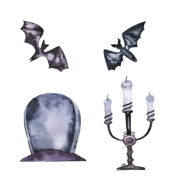 Ayarla mezar, karanlık mumlar ve uçan yarasalar beyaz arka plan üzerinde izole. Cadılar Bayramı doodle ayarlayın. El suluboya resim çekilmiş.