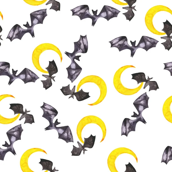 Padrão Sem Costura Com Morcegos Escuros Crescentes Amarelos Fundo Branco — Fotografia de Stock