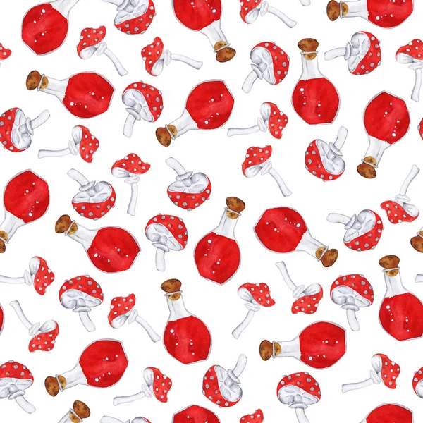 赤い毒瓶と白い背景の赤いキノコのシームレスなパターン 手描き水彩イラスト — ストック写真