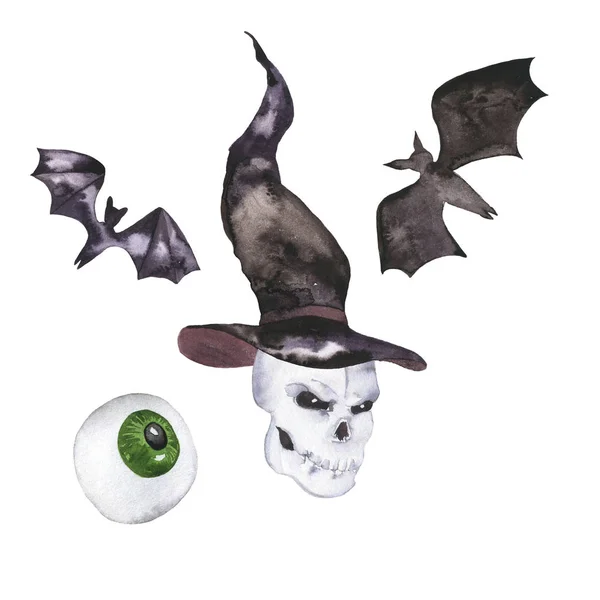 Conjunto Elementos Doodle Halloween Morcego Crânio Chapéu Bruxa Olho Ilustração — Fotografia de Stock