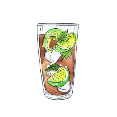 Otlar, kola ve taze limon veya limon kokteyl bardak. Suluboya ve mürekkep çizilen illüstrasyon el.