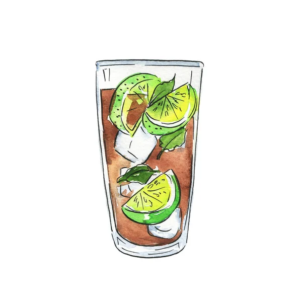 Glas Cocktail Mit Kräutern Cola Und Frischer Zitrone Oder Limette — Stockfoto