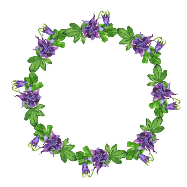 Flor Violeta Hojas Verdes Frescas Marco Redondo Aislado Sobre Fondo —  Fotos de Stock