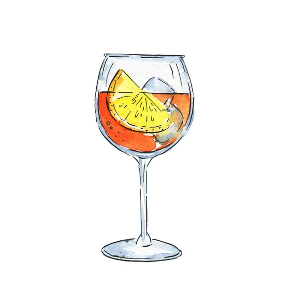 Copo Cocktail Laranja Com Gelo Limão Fresco Mão Desenhada Aquarela — Fotografia de Stock