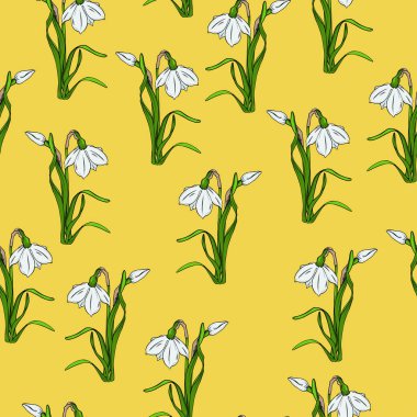 Sarı zemin üzerine beyaz nergis çiçekleri ile Seamless modeli. Çizilmiş vektör çizim el.